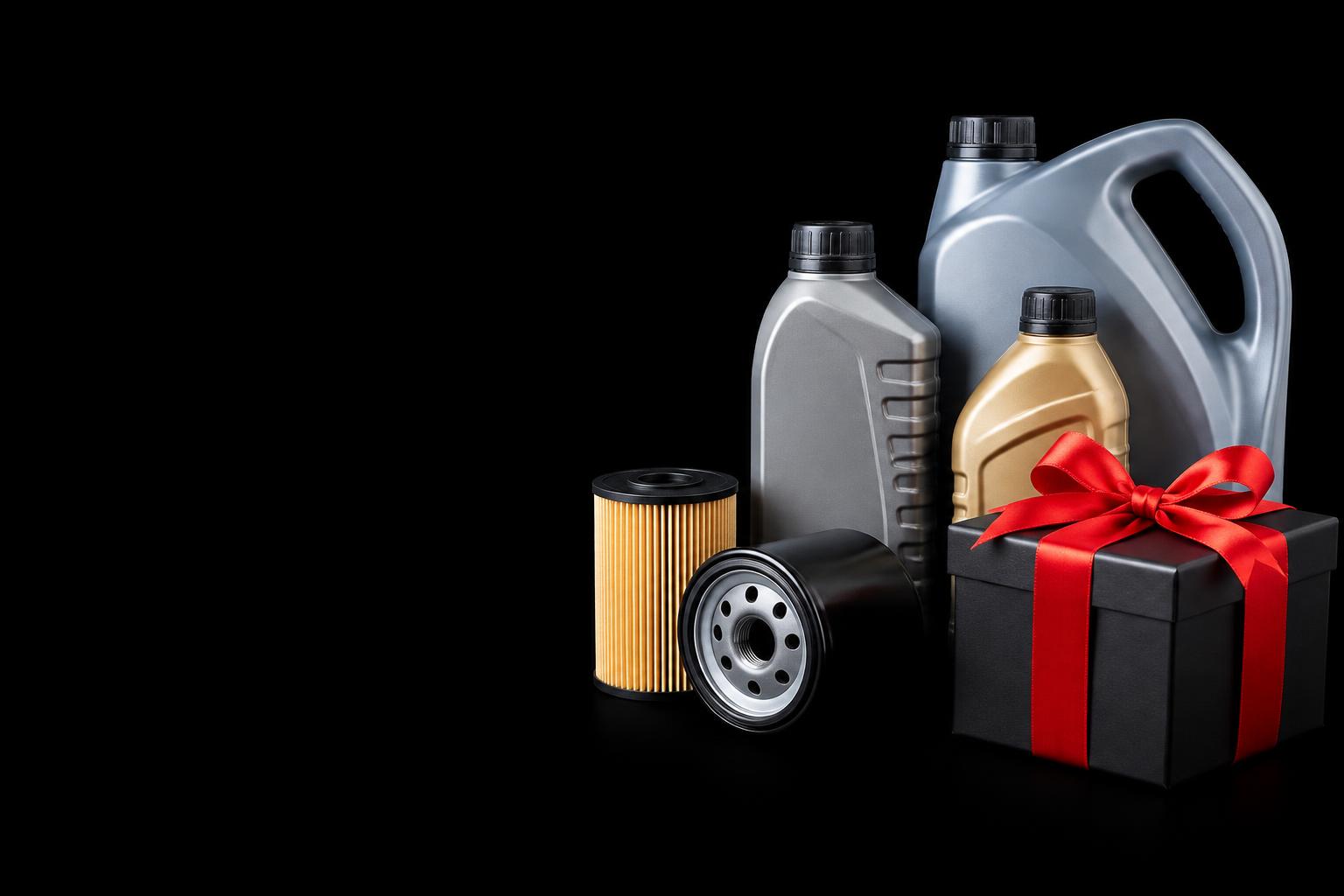 Produtos automotivos, filtros e um brinde com laço vermelho